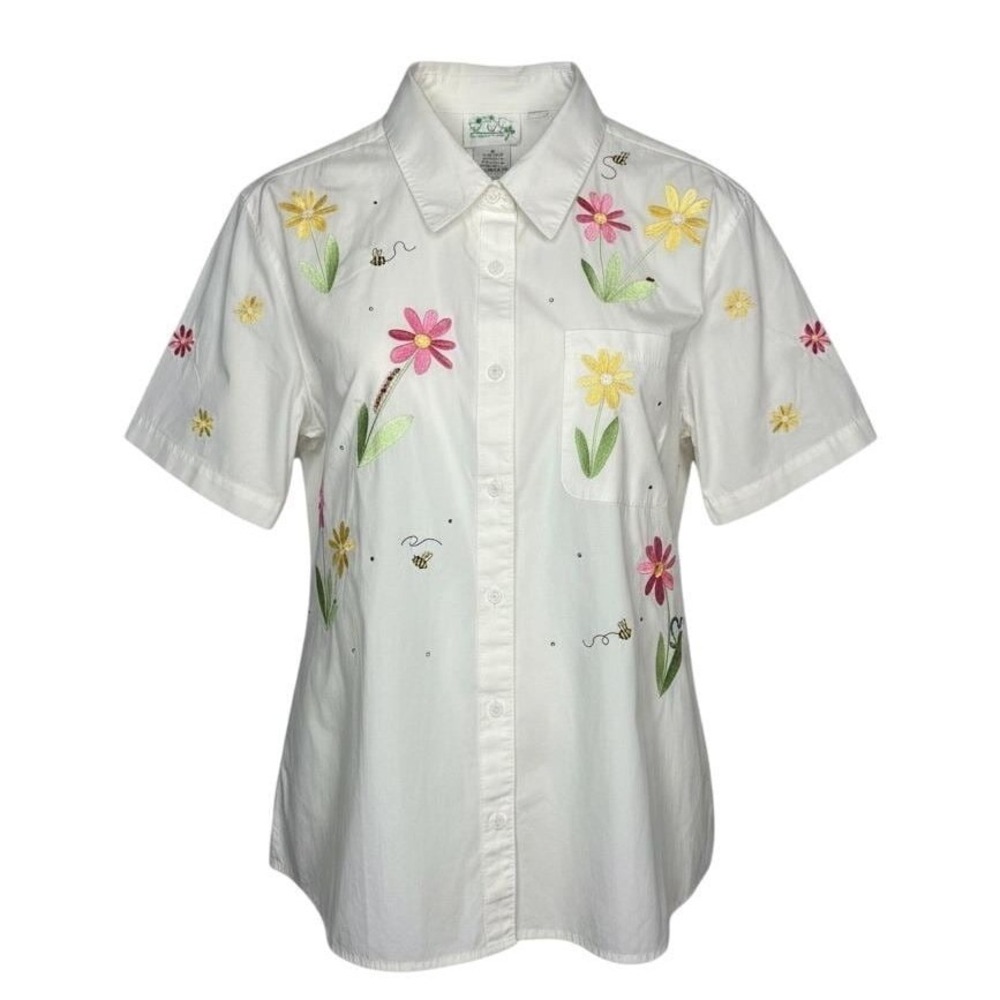The‎ Quacker Factory Vintage Button Down Shirt Women 1X Floral Embroidered Bee